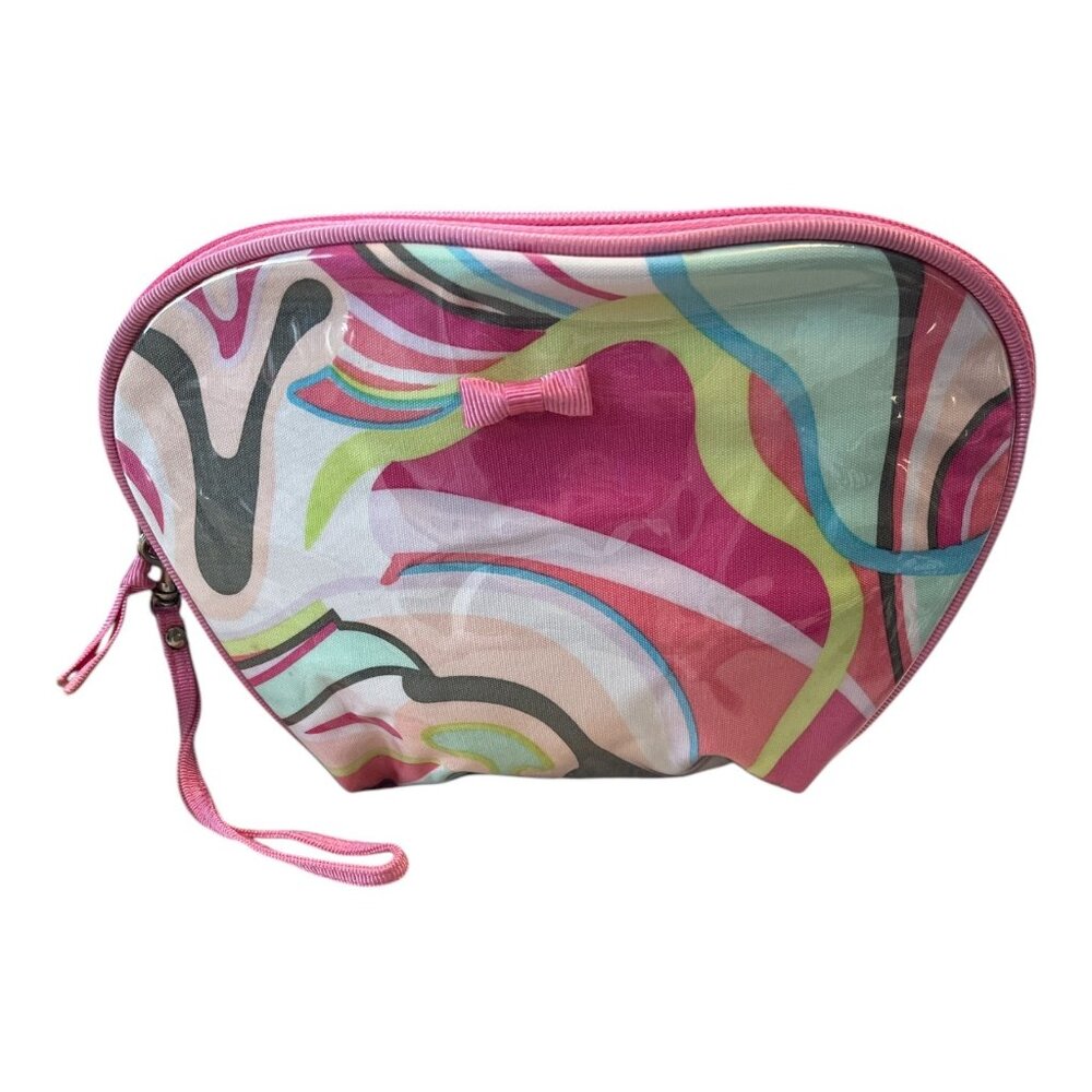 Vintage Liz Claiborne Clear Vinyl Cosmetic Makeup Bag Pink Swirl Wristlet Pouch